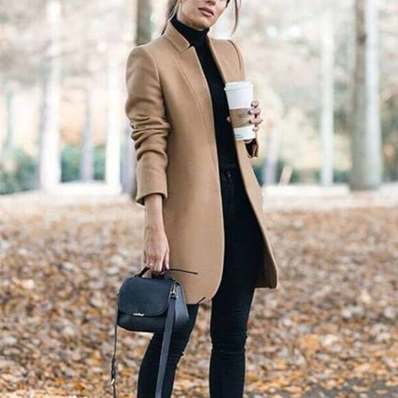 Women's Sz XL Khaki Stand Collar Open Front Pea Coat Mid Long Blazer Jac… - Picture 1 of 6